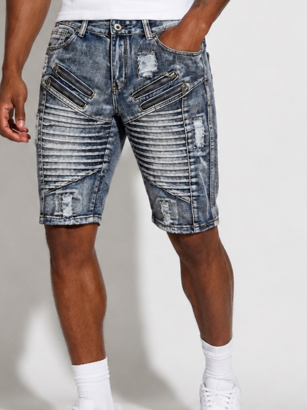 Trillnation 34 Med Wash 90% Cotton Zipper Ripple Knee Length Denim Short Size 34